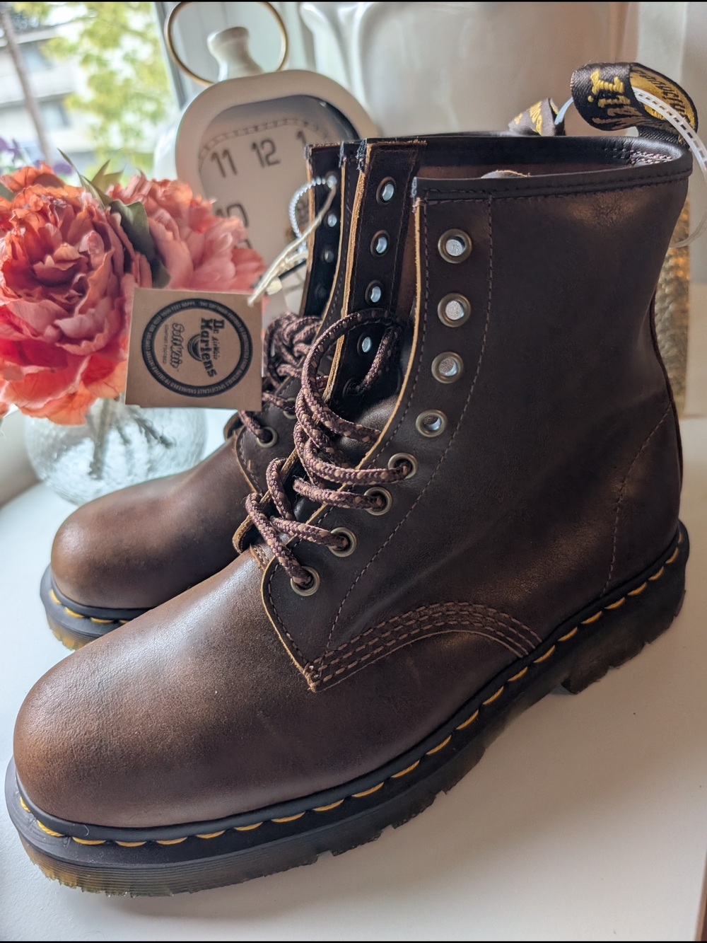 Dr. Martens Dark Brown Leather Lace-Up Boots with Yellow Stitching